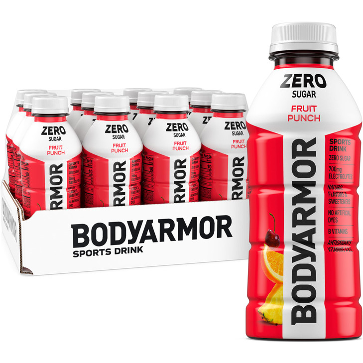 BODYARMOR ZERO Sugar Fruit Punch Electrolyte Drink Natural Flavors 16 Fl Oz Bottles 12 Pack B Vitamins Antioxidants Suga