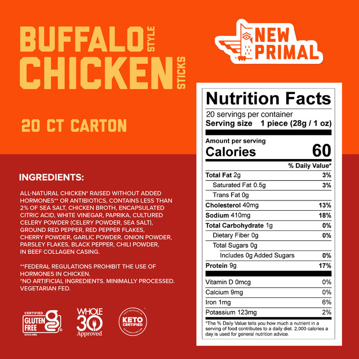 New Primal Buffalo Chicken Sticks Keto Gluten Free Healthy Snacks Sugar Free Low Carb High Protein Jerky Meat Stick 9g P