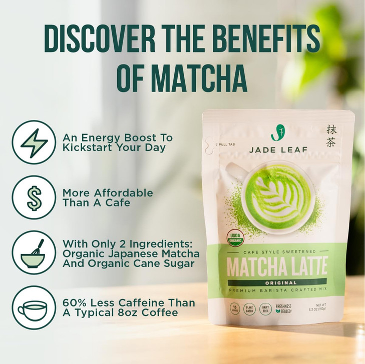 Jade Leaf Matcha Organic Matcha Latte Mix Lightly Sweet Japanese Matcha Green Tea Powder with Organic Cane Sugar for Caf