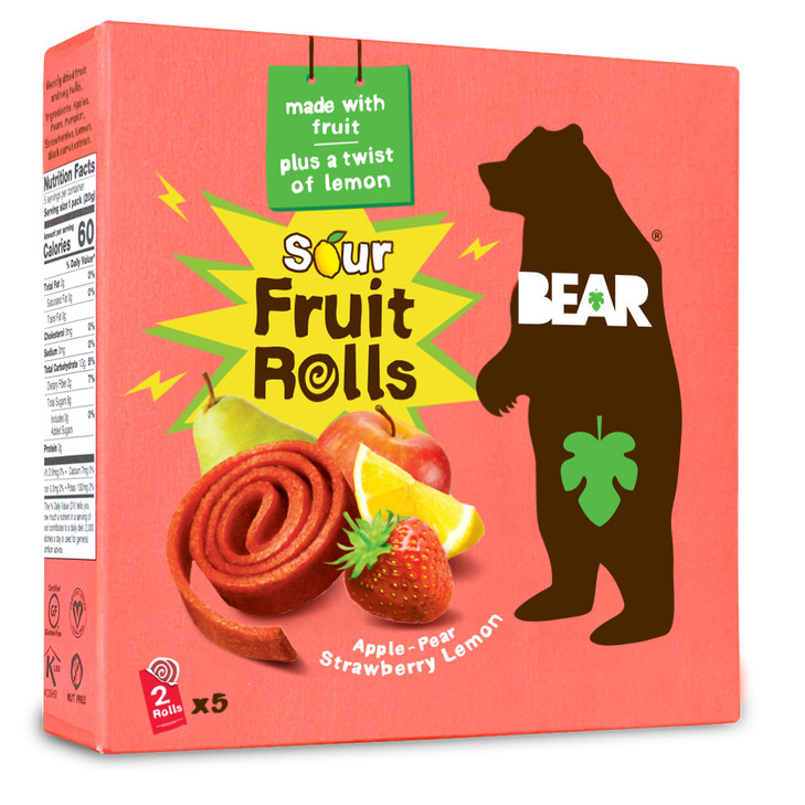 BEAR Sour Fruit Snack Rolls Strawberry Lemon 07 Ounce 5 Count Gluten Free Vegan and NonGMO Healthy School And Lunch Snac
