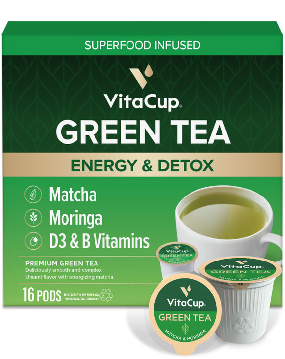 VitaCup Green Tea Pods Enhance Energy Detox with Matcha Moringa B Vitamins D3 Keto Paleo Vegan Recyclable Single Serve P