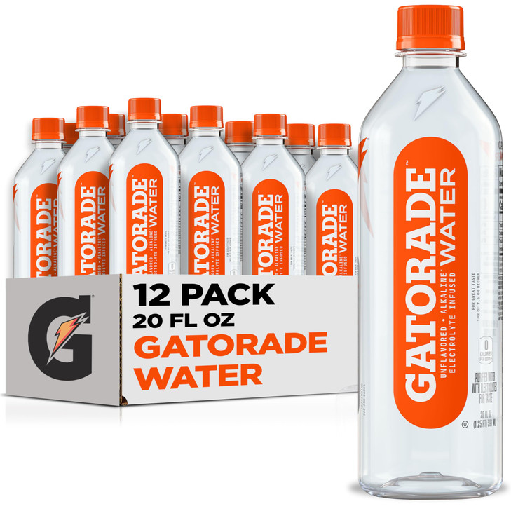 Gatorade Water Unflavored Electrolyte infused for great taste Alkaline PH 75 or higher 20 Fl Oz Pack of 12