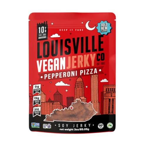 Louisville Vegan Jerky Pepperoni Pizza Vegan and Vegetarian Friendly Meat LipSmacking Jerky GlutenFree High Protein Vega