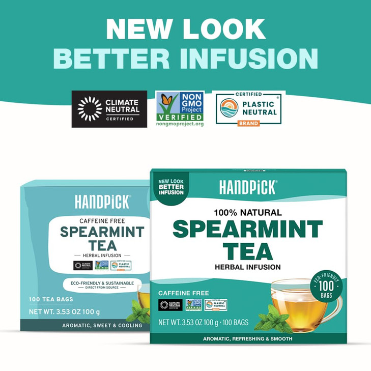 HANDPICK Spearmint Tea Bags 100 Herbal Tea Bags Refreshing Mint Tea NonGMO Round EcoConscious Teabags