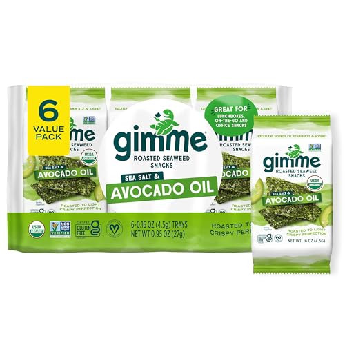Gimme Seaweed Organic Premium Roasted Seaweed Snacks Sea Salt Avocado Oil 6 Count Keto Vegan GlutenFree Great Source of