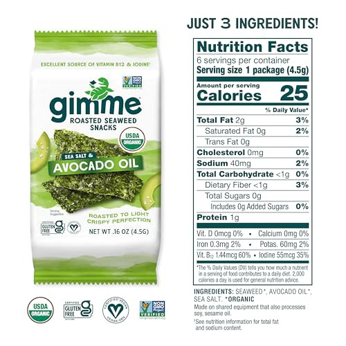 Gimme Seaweed Organic Premium Roasted Seaweed Snacks Sea Salt Avocado Oil 6 Count Keto Vegan GlutenFree Great Source of