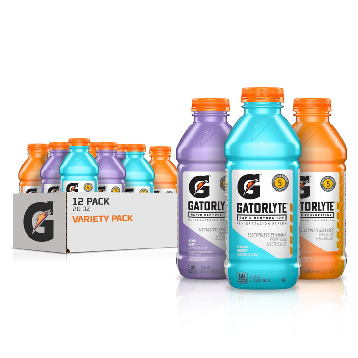 Gatorlyte Rapid Rehydration Electrolyte Drink 3 Flavor Variety Pack 20 Specialized Blend of 5 Electrolytes Lower Sugar N