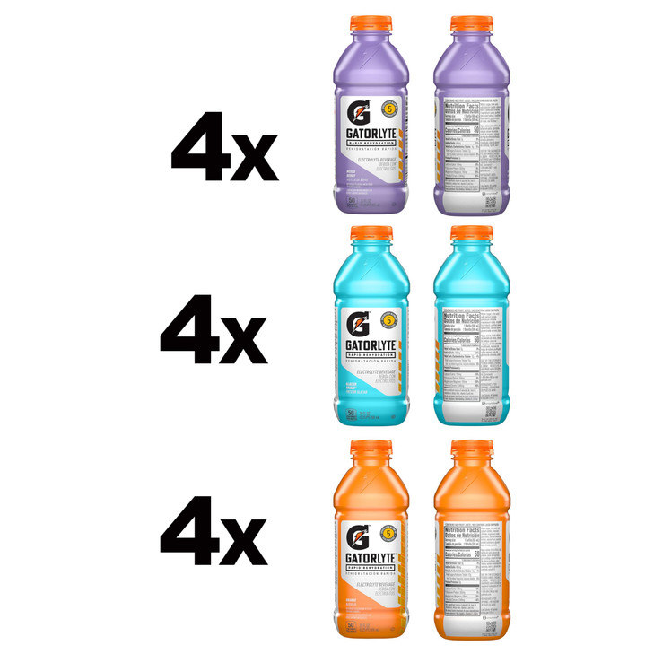 Gatorlyte Rapid Rehydration Electrolyte Drink 3 Flavor Variety Pack 20 Specialized Blend of 5 Electrolytes Lower Sugar N