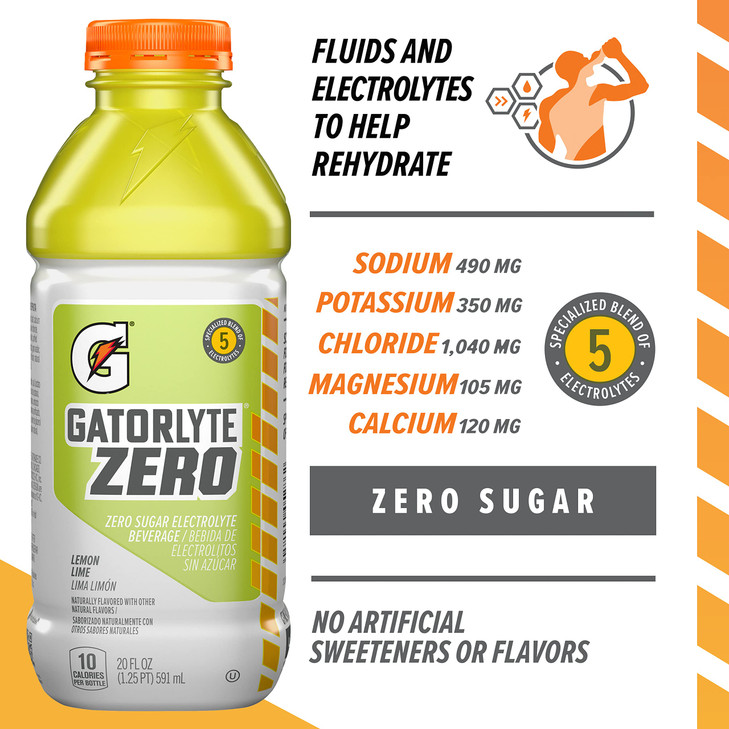 Gatorlyte Zero Electrolyte Beverage Lemon Lime Zero Sugar Hydration Specialized Blend of 5 Electrolytes No Artificial Sw