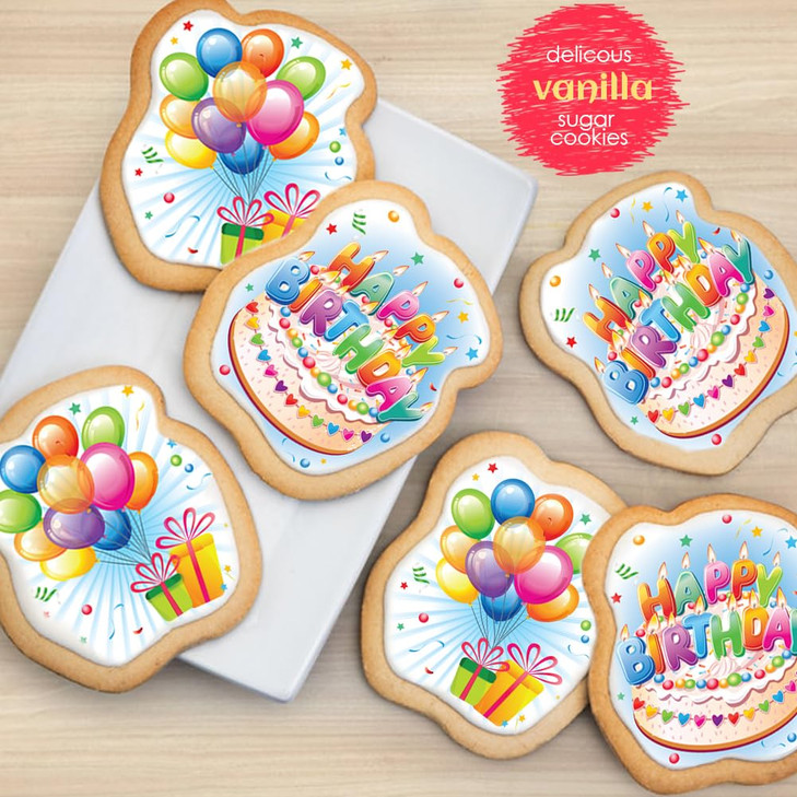 Happy Birthday Cookies Decorated Gift Basket Large 6 pack Individually Wrapped Sugar Cookie Jumbo with Icing Cake Party