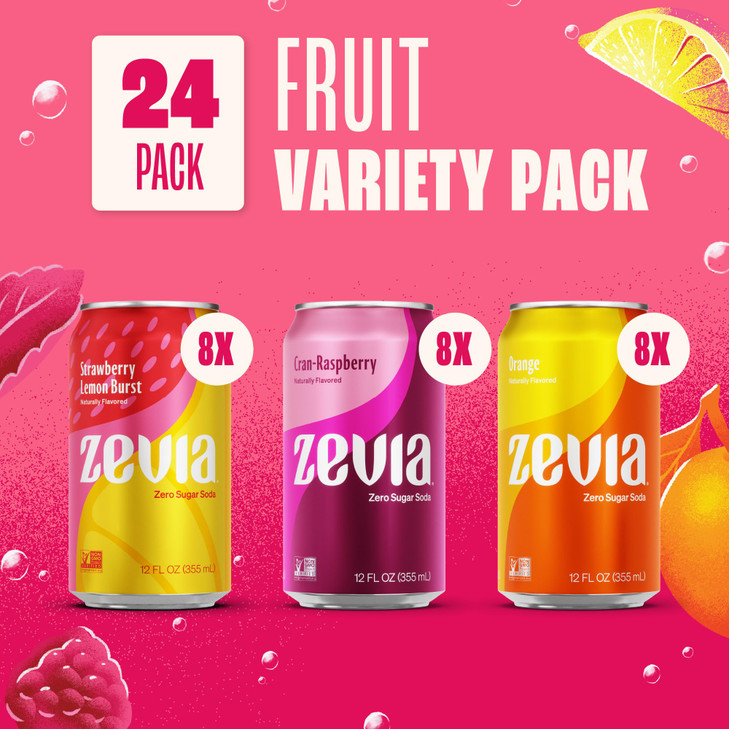 Zevia Zero Sugar Soda Fruity Variety Pack 12 oz Cans 24Pack Naturally Sweetened Zero Calorie Sugar Free Soda NonGMO Proj