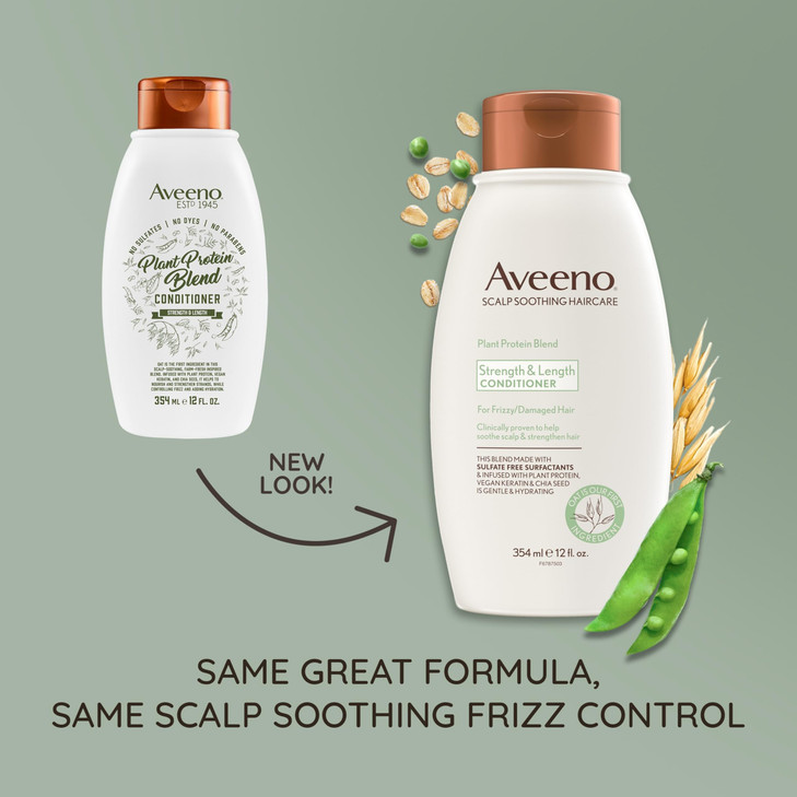 Aveeno Strength & Length Plant Protein Blend Conditioner, Vegan Formula for Strong Healthy Looking Hair, White, Unscented, 12 Fl Oz