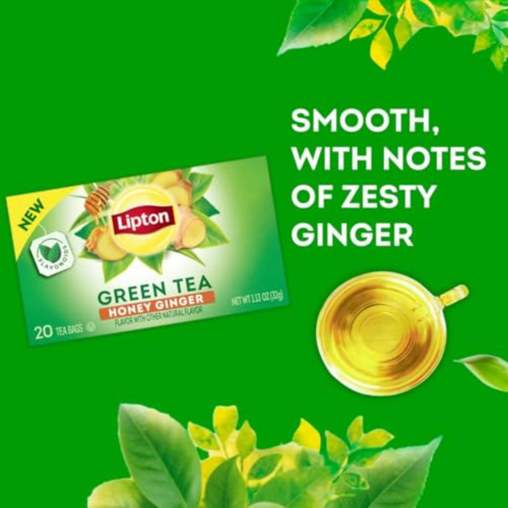 Lipton Honey Ginger Green Tea Bags Flavored Unsweetened Teabags for Hot Tea or Iced Tea with Caffeine and Flavonoids 20
