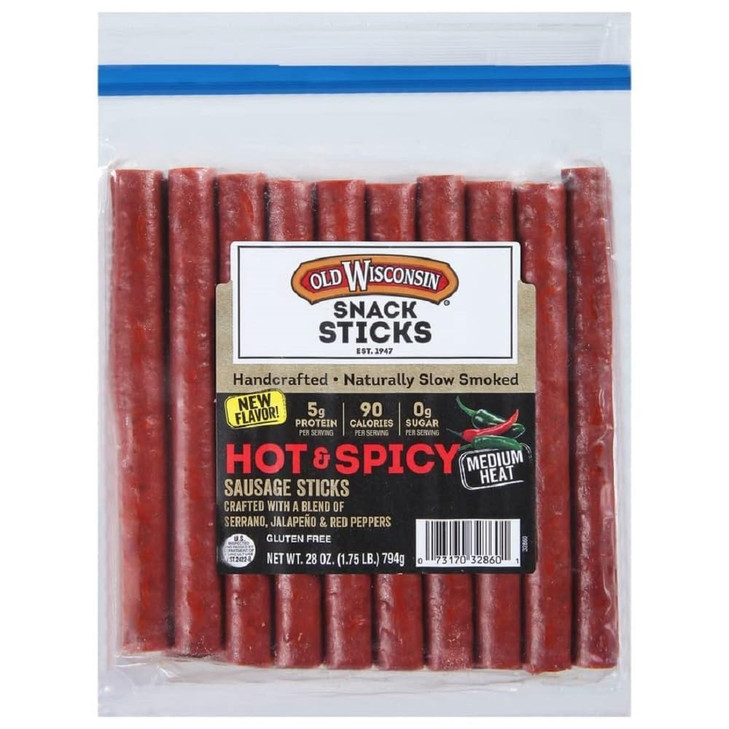 Old Wisconsin Hot Spicy Sausage Snack Sticks 28oz Resealable Package Naturally Smoked Ready to Eat High Protein Low Carb
