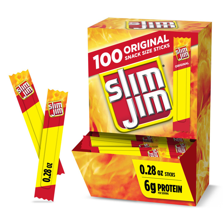 Slim Jim Smoked Meat Sticks Original Flavor 6g Protein Per Serving Snack Size 028 oz 100 Count