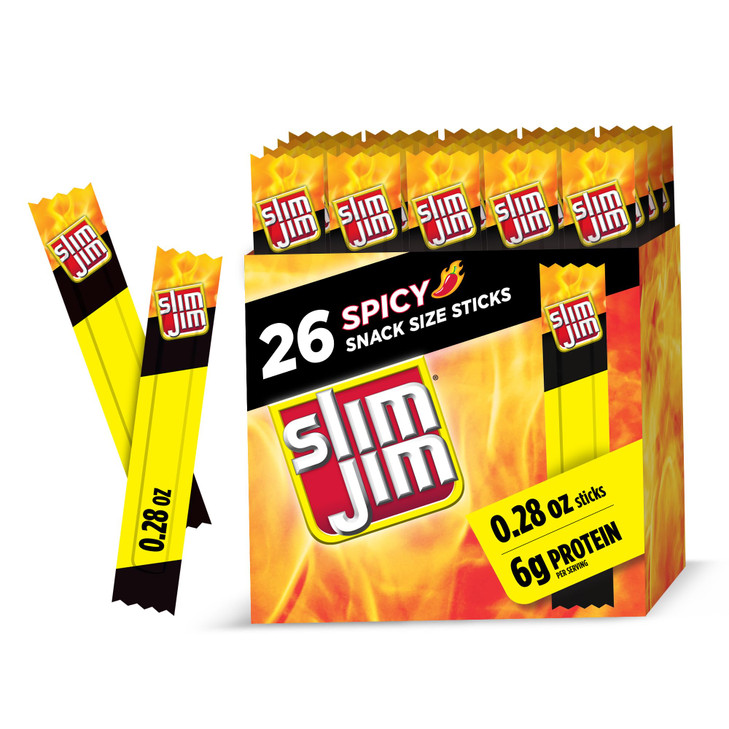 Slim Jim Smoked Meat Sticks Spicy Flavor 6g Protein Per Serving Snack Size 028 oz 26 Count