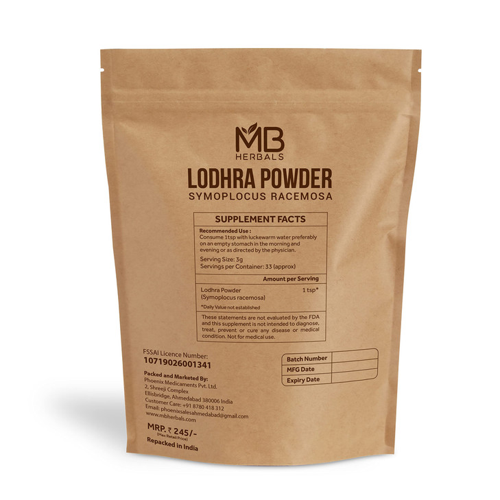 MB Herbals Lodhra Powder 100 Gram (3.5 oz) | Symplocus racemosa Powder | Supplement for Skin Care