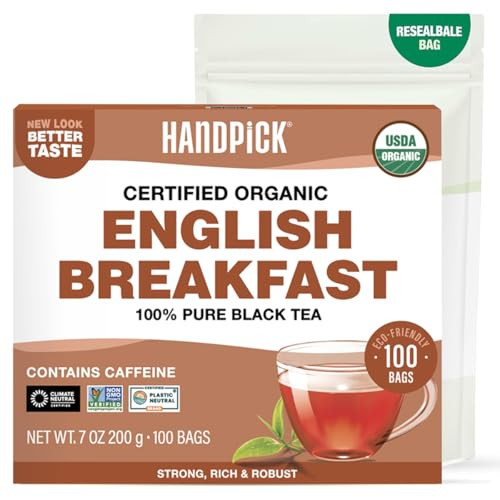 HANDPICK Organic English Breakfast Black Tea Bags 100 Count USDA Organic NonGMO Strong Robust HighCaffeine Black Tea Eco