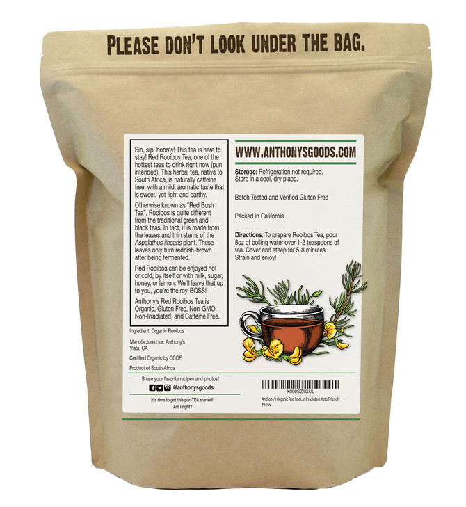 Anthonys Organic Red Rooibos Loose Leaf Tea 1 lb Gluten Free Non GMO Non Irradiated Keto Friendly