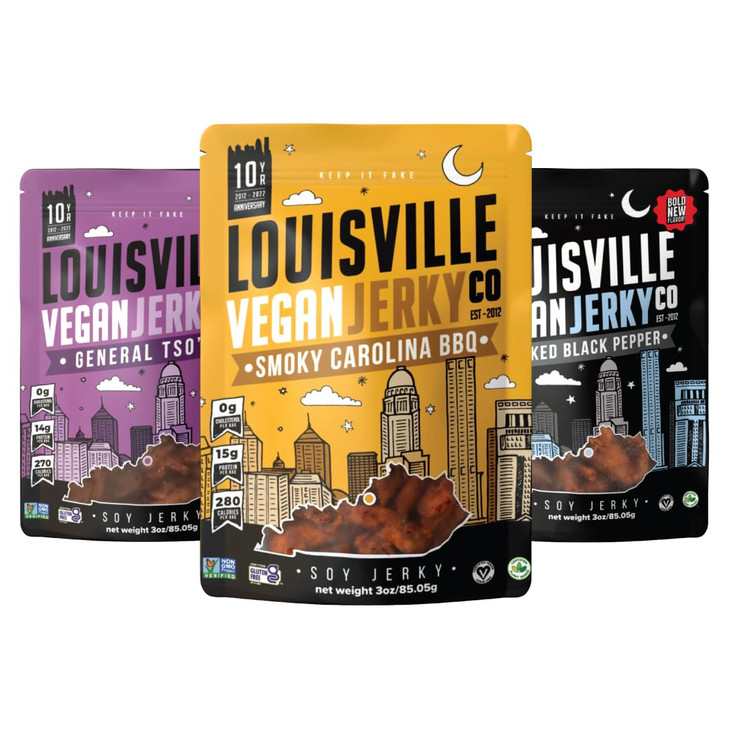 Louisville Jerky Co Vegan Jerky Variety Pack Plant Based Protein Snack 3 Ounce 3Pack Smoky Carolina BBQ Smoked Black Pep