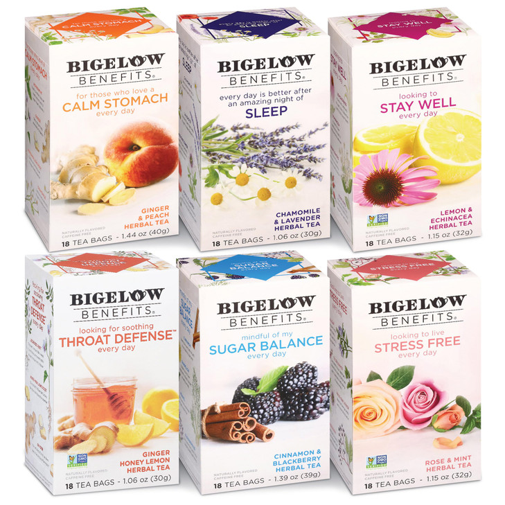 Bigelow Benefits Wellness Teas Variety Pack Mixed Caffeinated Green Matcha CaffeineFree Herbal Tea 18 Count Pack of 6 10