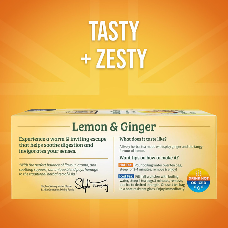 Twinings Lemon Ginger Herbal Tea Individually Wrapped Bags 100 Count Pack of 1 Tangy Lemon Spicy Ginger Naturally Caffei