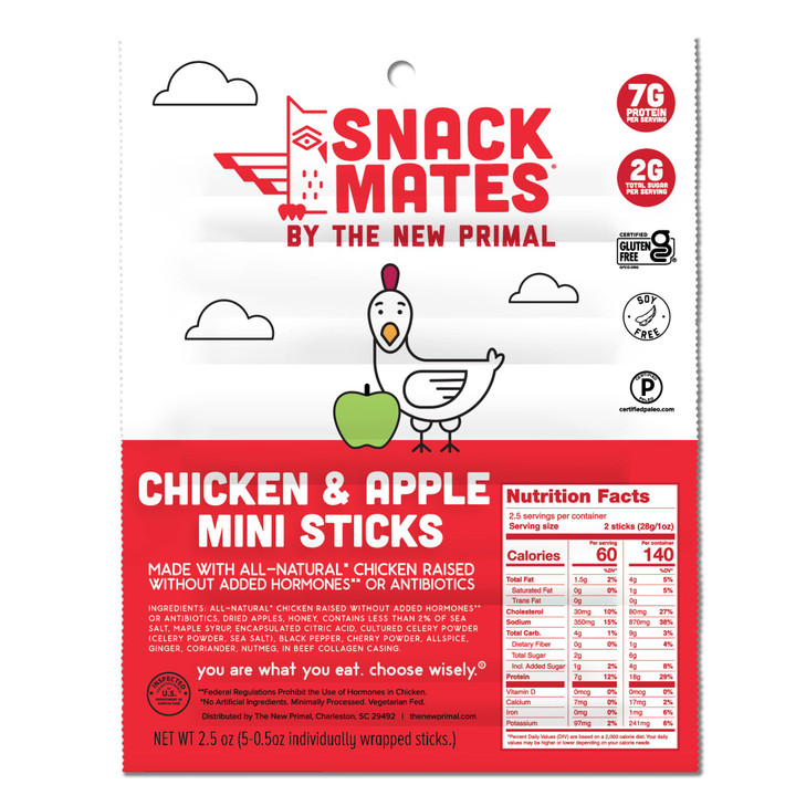 The New Primal Snack Mates Chicken and Apple Stick All Natural Chicken High Protein and Low Sugar Kids Snack Certified P