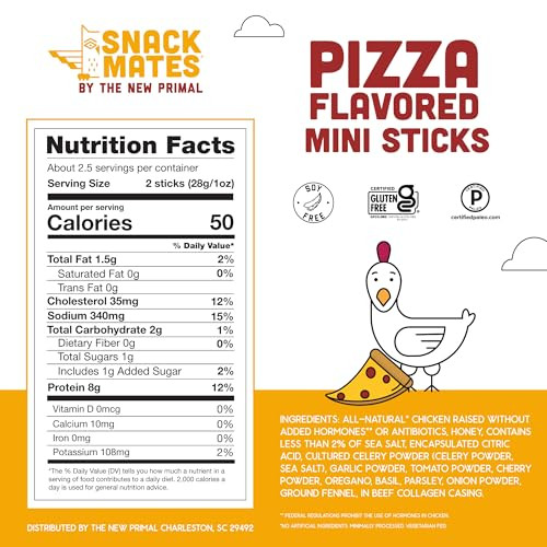 Snack Mates by The New Primal Chicken Pizza Meat Stick All Natural Chicken High Protein and Low Sugar Kids Snack Certifi