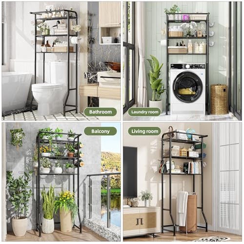 Simple Trending Over The Toilet Storage Cabinet Metal Bathroom Shelf Organizer with Paper Holder and Hooks 3 Tier Black