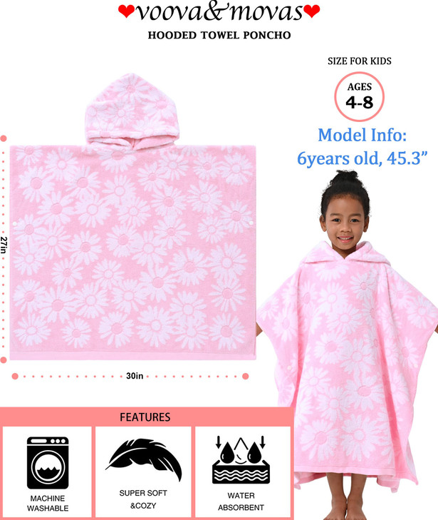 VOOVA MOVAS Thick Hooded Bath Towel Poncho for Kids 48Years Soft Absorbent Turkish Cotton Swim Towel Robe Perfect for Ba