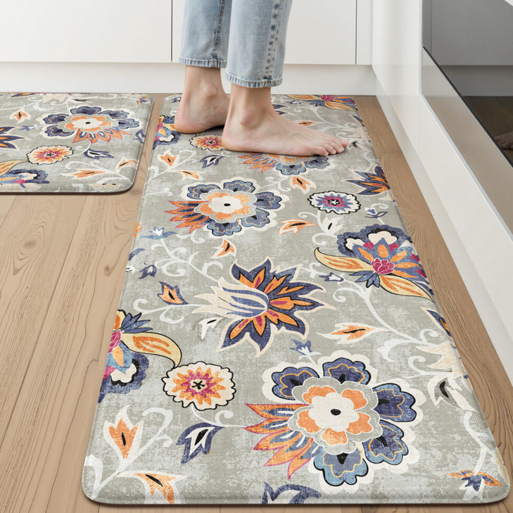 LEEVAN Anti Fatigue Mats for Kitchen Floor 2 PieceCushioned Memory Foam Blue Gray Kitchen Mats for FloorComfort Floral B