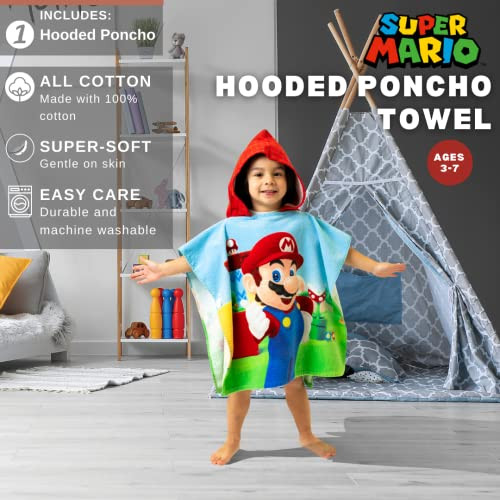 Franco Super Mario Kids BeachPoolBathCamping Hooded Towel Poncho 24 X 22 Absorbent Cotton Cover up Official Nintendo Pro