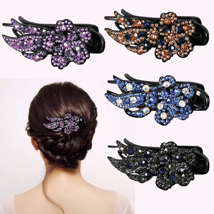 Yusier 4 PCS Flower Rhinestones Hair Clips Duckbill Clip Ponytail Clips Black Barrettes Decorative Clips Hair Accessories for Women with Rhinestones