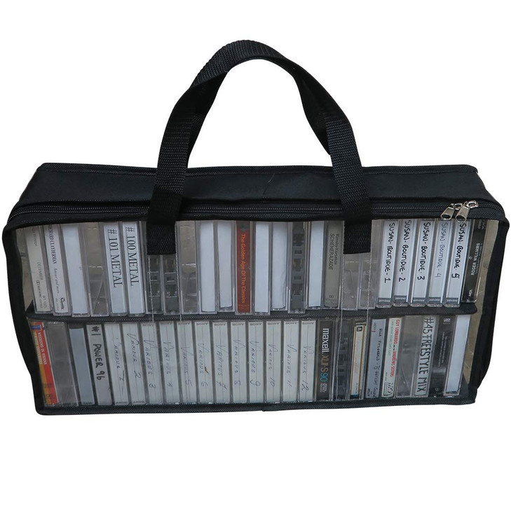 Evelots Cassette Tape Bag See Thru Organizer Storage with Handles Easy Carrying Case No Dust or Moisture Holds 50 Tapes