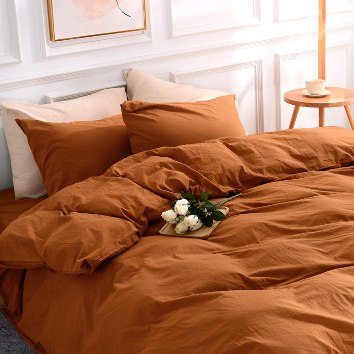 NEXHOME PRO Terracotta Burnt Orange Duvet Cover Set Queen Size Linen Textured Organic Natural 100 Washed Cotton Duvet Co