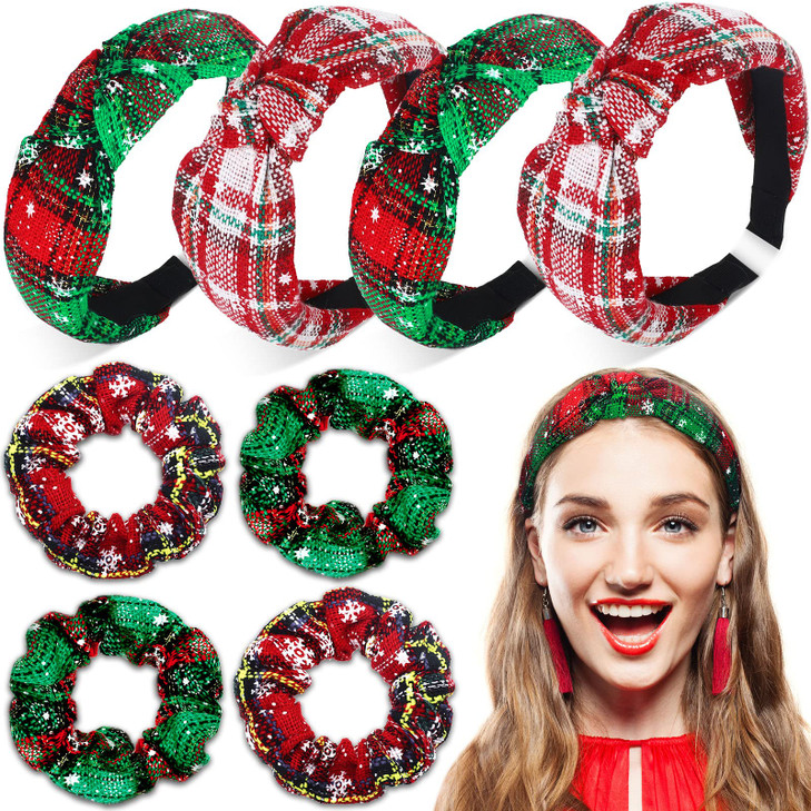 Dingion 8 Pack Christmas Plaid Snowflake Headbands 4 Buffalo Plaid Hair Scrunchies 4 Christmas Knotted Headband Plaid Hair Band with Elastic Hair Scr