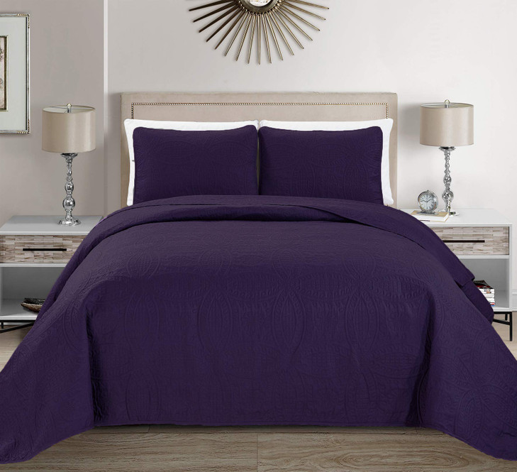 Fancy Collection Embossed Coverlet Bedspread Over Size Set Solid Austin Dark Purple KingCalifornia King