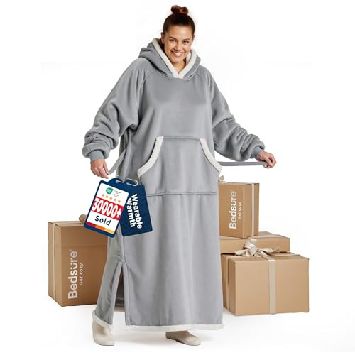 Bedsure Wearable Blanket Hoodie Long Hooded Blanket Sweatshirt as Christmas Birthday Gifts for Women Cozy Sherpa Hoodie