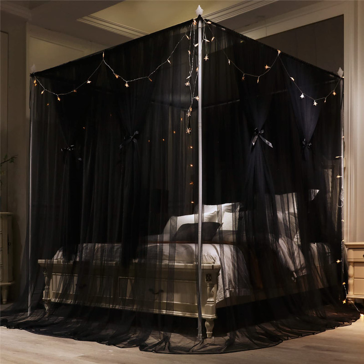 VETHIN 4 Corners Post Princess Bed Canopy Curtain Double Layer Cozy Drape Netting 4 Opening Mosquito Net for Girls Adult