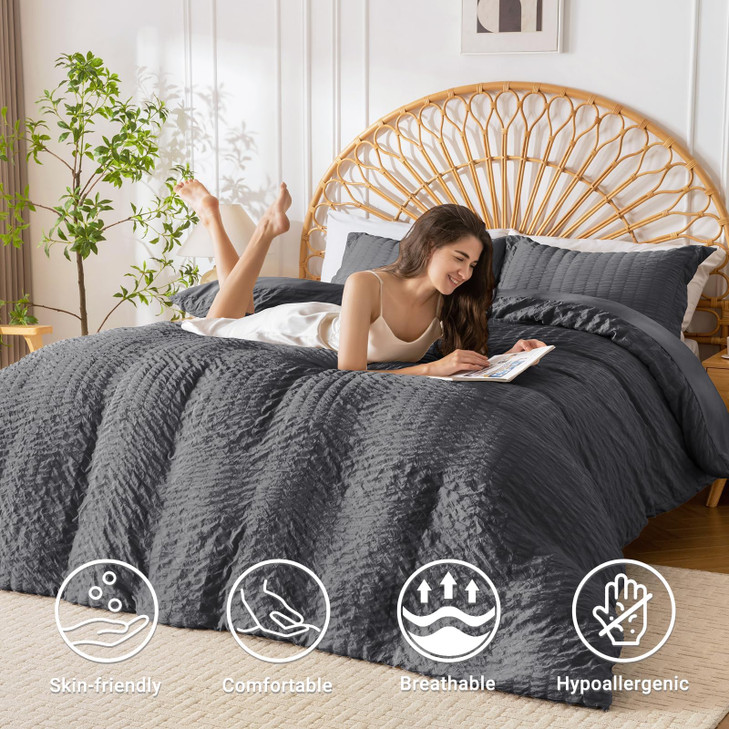 HYMOKEGE Dark Grey Duvet Cover Queen Size Ultra Soft 3Piece Seersucker Duvet Cover Set with Zipper Closure Soft Brushed