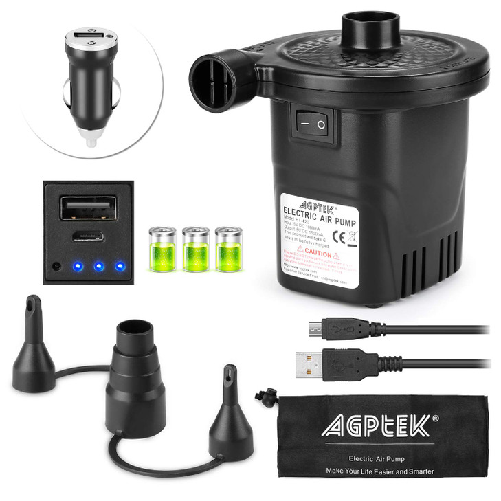 AGPTEK Rechargeable Air Pump Electric Air Pump 4000mAh Battery QuickFill Inflator Deflator with 3 Nozzles Lightweight Po