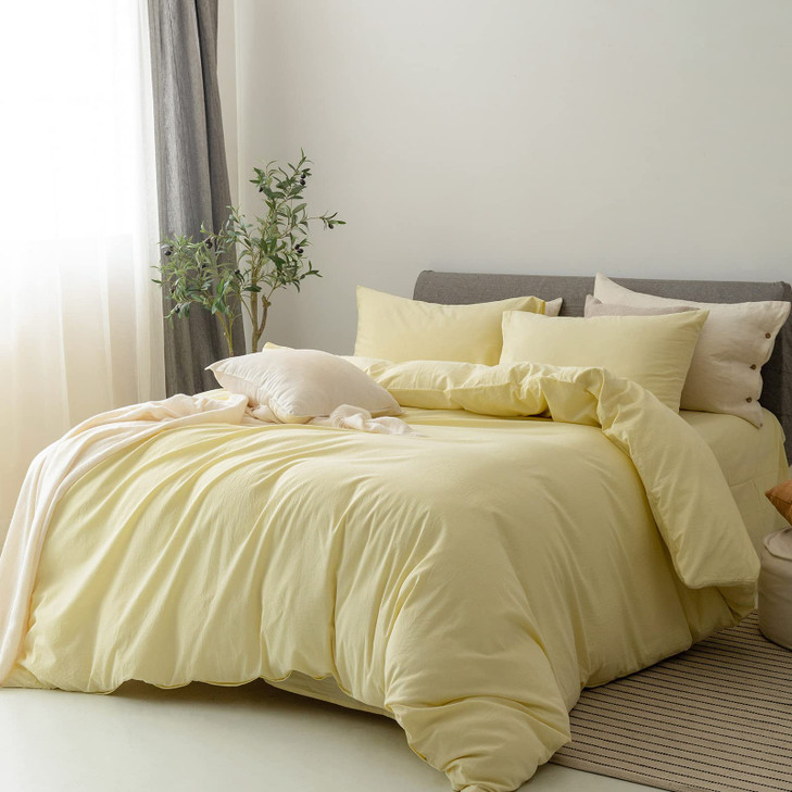 FOSSA Duvet Cover Set 100 Washed Cotton Linen Feel Super Soft Breathable Cozy 3 Pieces Bedding Sets Solid Pastel Yellow