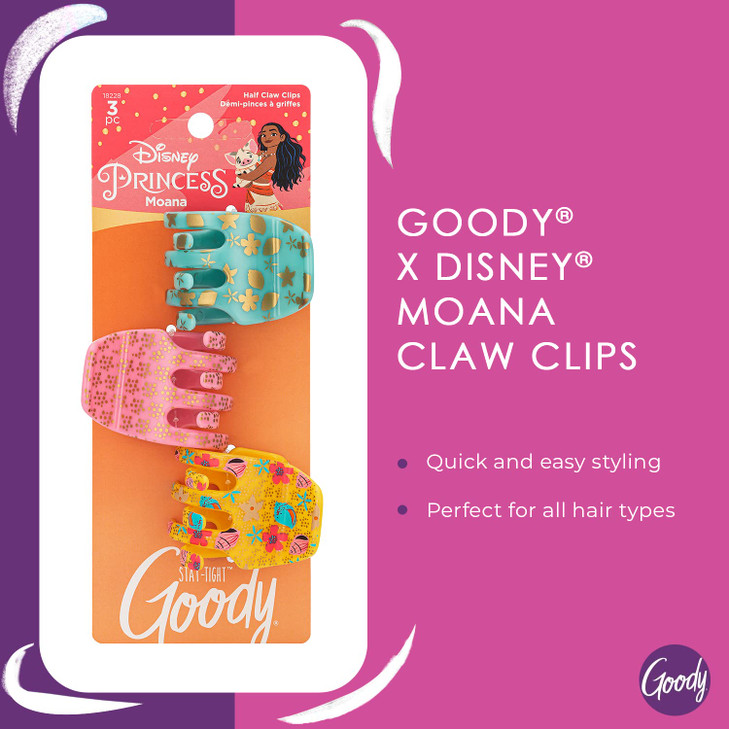 GOODY Classics Half Claw Clips - 3-Pack, Disney Princess, Moana - Great for Easily Pulling Up Your Hair - Pain-Free Hair Accessories for Women, Men,