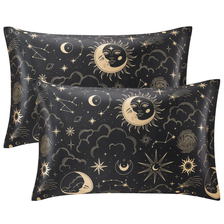 EXQ Home Satin Pillowcase for Hair and Skin Queen Black Printed Silk Pillow Cases 2 Pack 20x30 inches Satin Pillow Cases