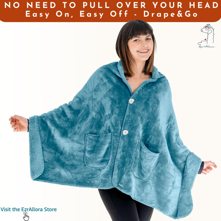 Fleece Poncho Blanket Drape and Go No Sleeves Lightweight Wrap Shawl Wearable Blanket Gift for Grandma and Mom Royal Sky