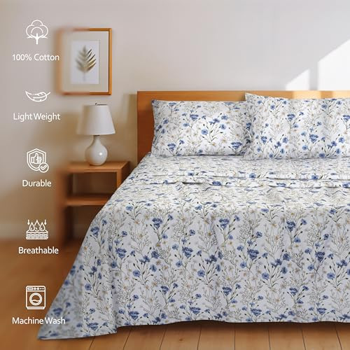 RUVANTI 100 Cotton Sheets Queen Size Percale Bedding Cooling Breathable Floral Design Durable with a Crisp Soft Comforta