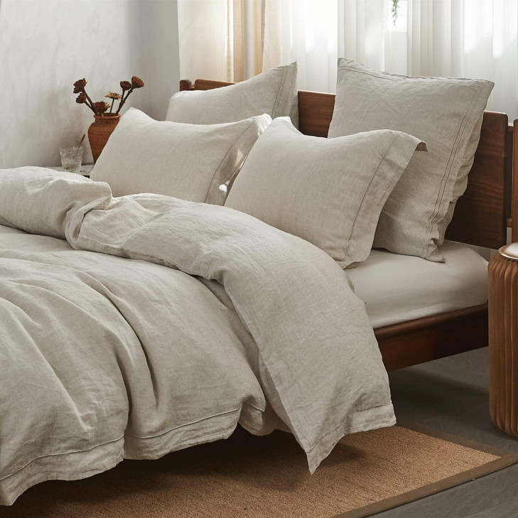 SimpleOpulence 100 French Flax Linen Duvet Cover Set with Embroidery Washed 3 Pieces 1 Duvet Cover with 2 Pillow Shams w
