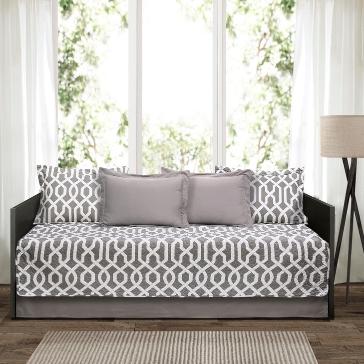 Lush Decor Edward Trellis Patterned 6 Piece Daybed Cover Set Includes Bed Skirt Pillow Shams and Cases 75 X 39 Gray and