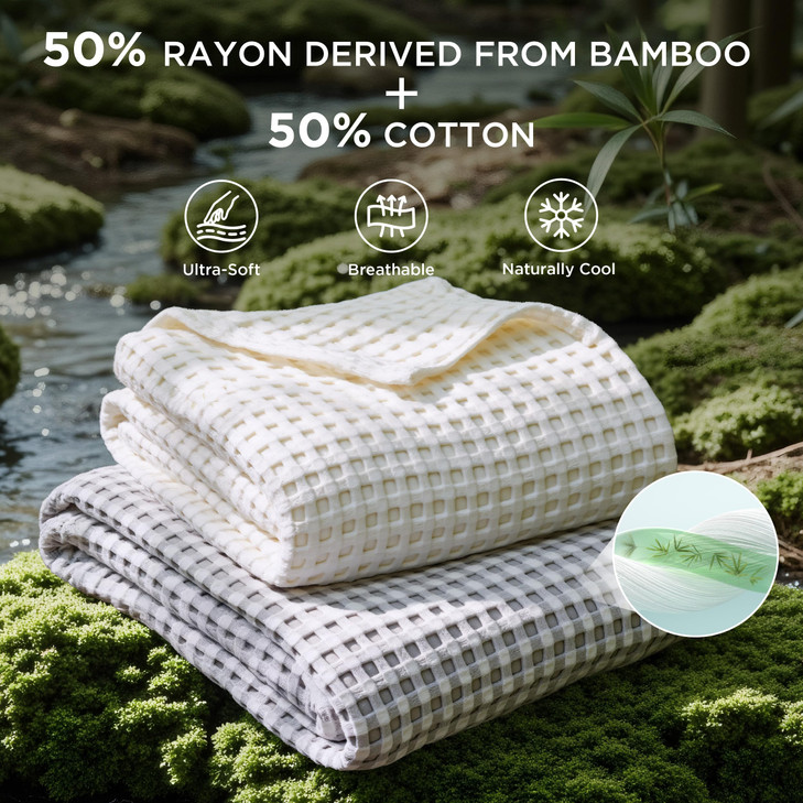 Bedsure Cooling Waffle Queen Size Blanket Lightweight Cotton Blanket of Rayon Derived from Bamboo for Hot Sleepers Luxur