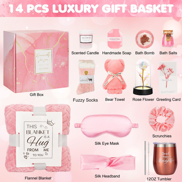 Birthday and Get Well Gifts for Women Relaxing Spa Care Package With Luxury Flannel Blanket LightUp Rose Flower Unique S